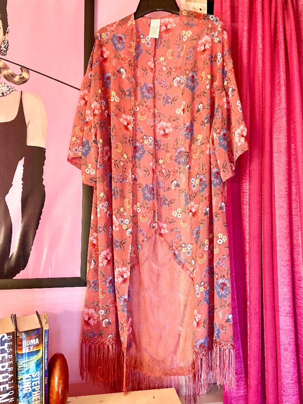 Casual Kimono Floral Coral Sheer Chiffon Fringe Hem Lace Detail Womens One Size